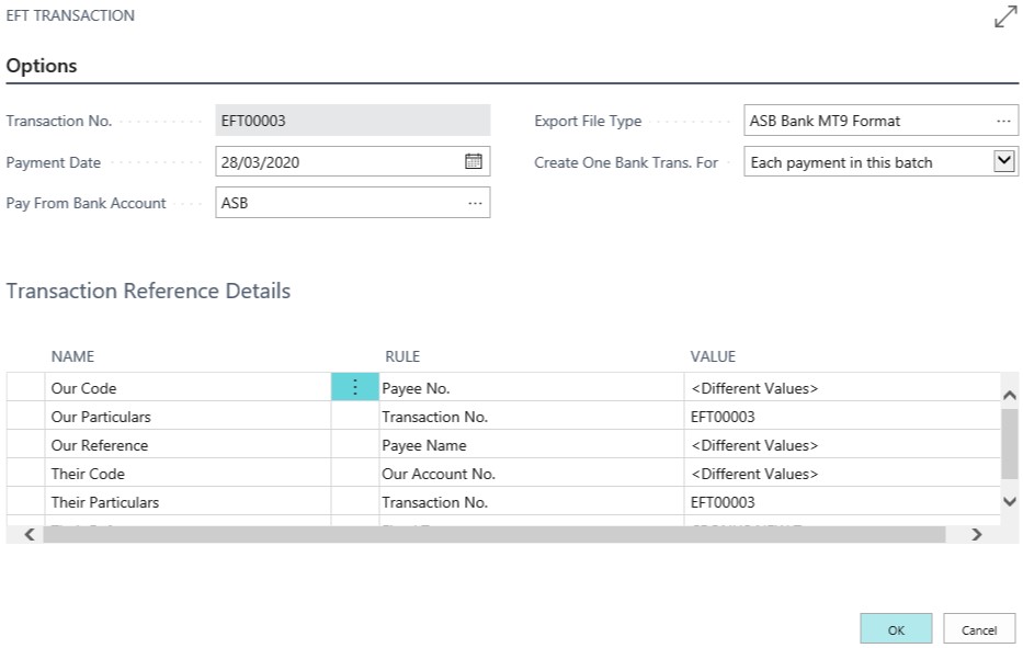 EFT Transaction Request page